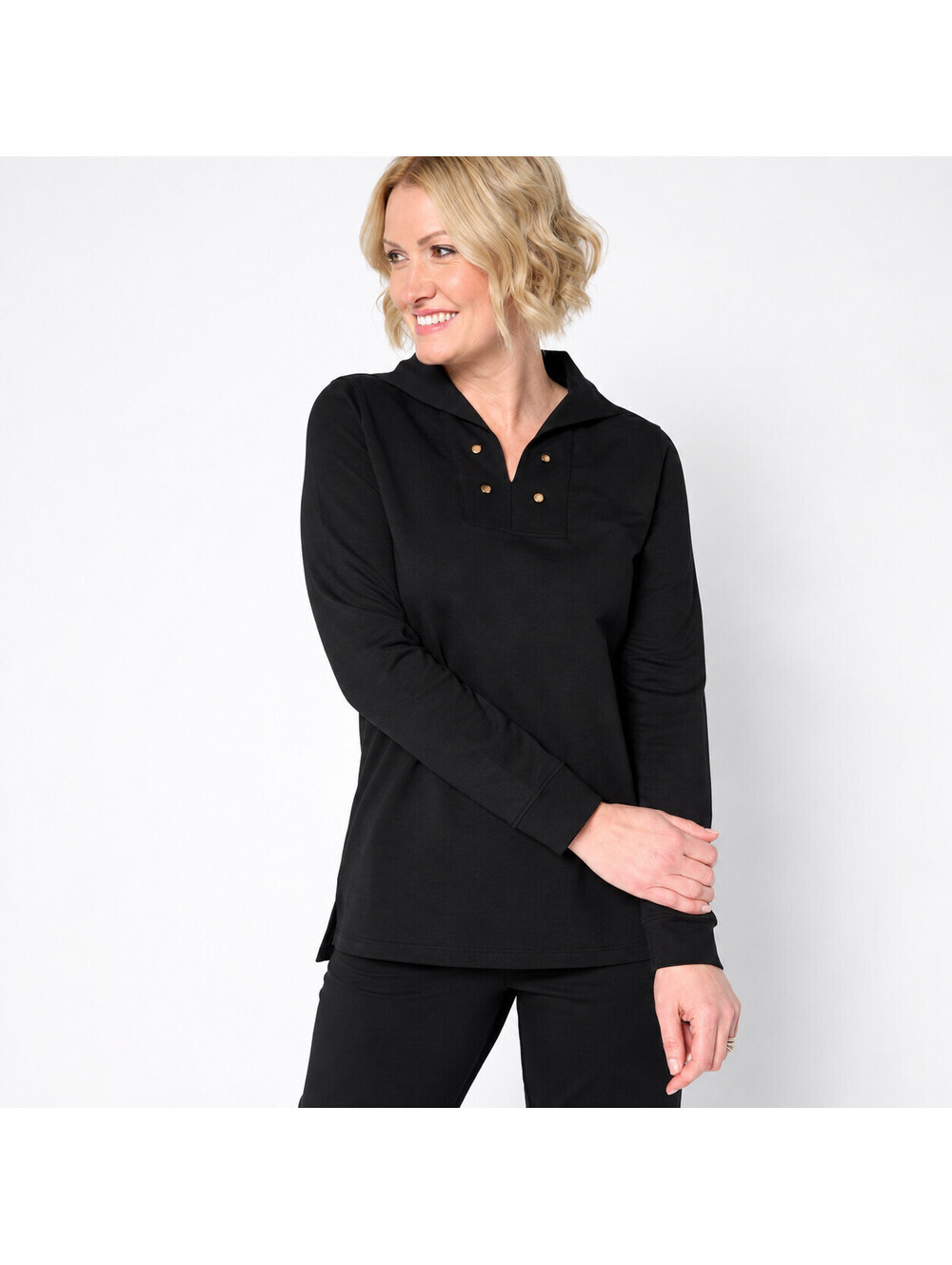 Denim & Co. Active French Terry Long Sleeve Top w/ Grommets Black, Small